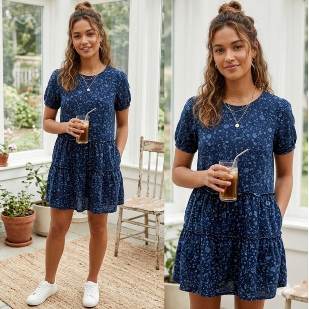 Gap Designed & Crafted Women's S Blue Floral Babydoll Tiered Cotton Mini Dress